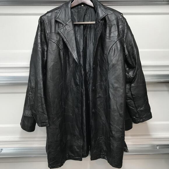 Unknown Other - Leather Coat Mens Medium Black Belted Patchwork Trench Genuine Leather Overcoat